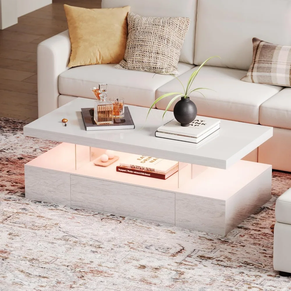 43.31” Coffee Table, High-Light LED Lights with Drawers, Large Storage Space for Living Room, Bedroom, Elevated Coffee Table