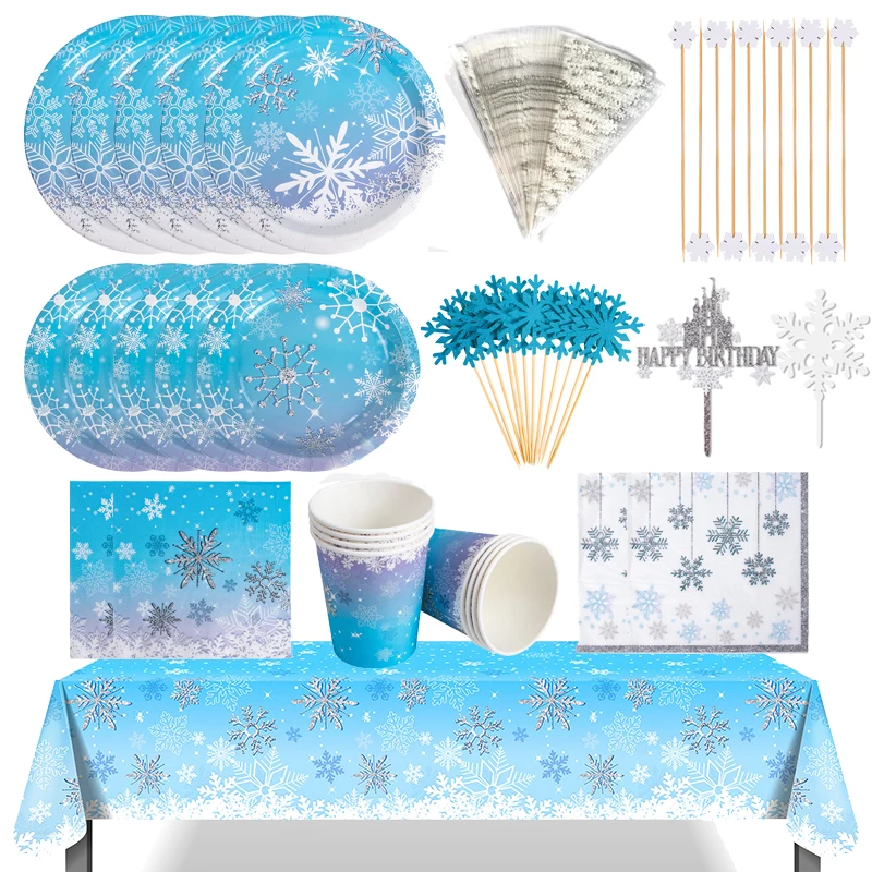 Floco de neve congelado, talheres descartáveis, prato de papel, copo, guardanapo, banner, toalha de mesa, feriado de inverno, tema de neve, decoração de festa de aniversário