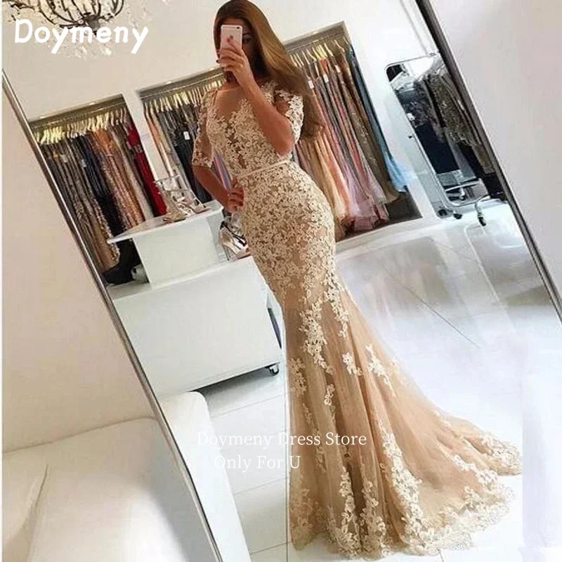 Doymeny Half Sleeves Evening Dresses Appliques Lace Tulle Mermaid Prom Dresses Ribbon Backless Party Wear For Women