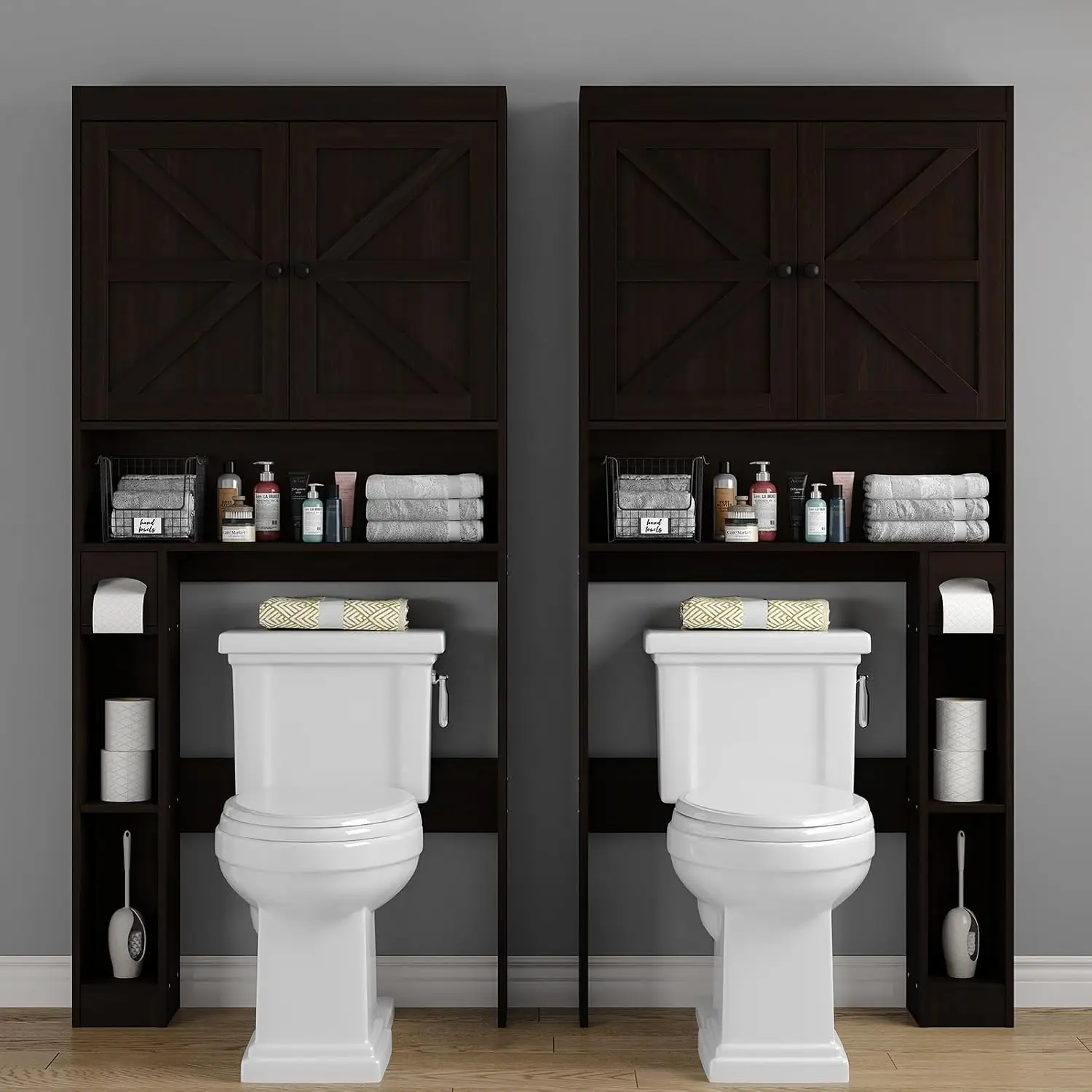 Over Toilet Storage Cabinet Barn Doors Shelf, Space Saver Paper Holder Adjustable Bar, 32.3