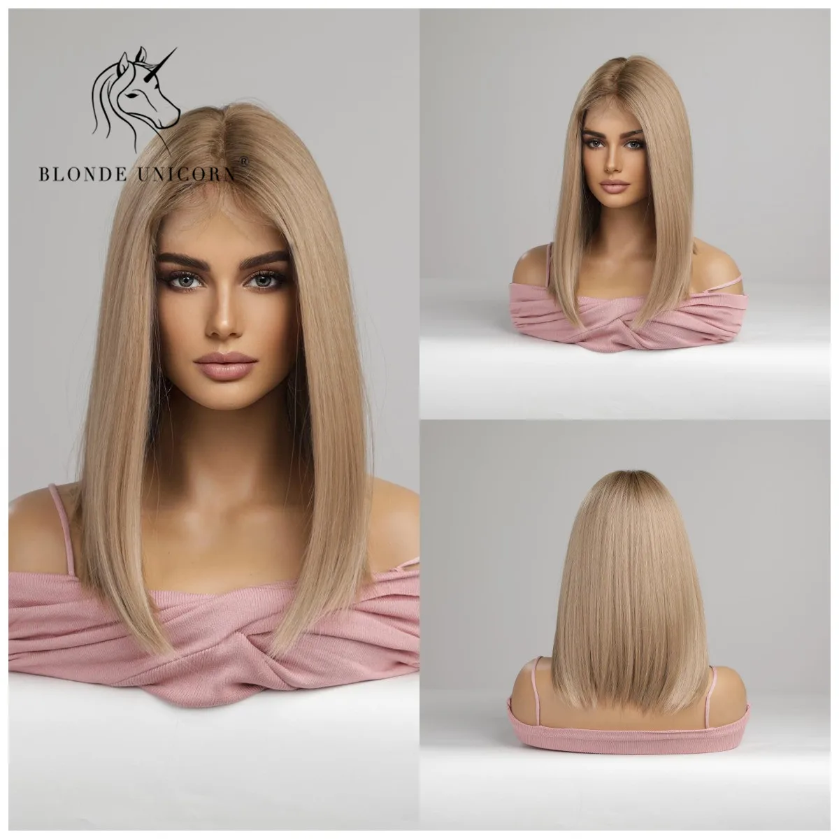 Blonde Unicorn Synthetic Lace Part Hair Wigs Medium Long Straight Ombre Blonde Hair For Women Heat Resistant Daily Wig