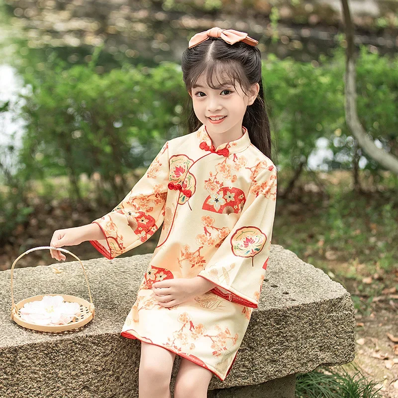 Girls Dress 2023 Autumn Winter Long-sleeved Cheongsam for Kids Children Chinese Style Princess Dress Tang Suit Hanfu Clothes