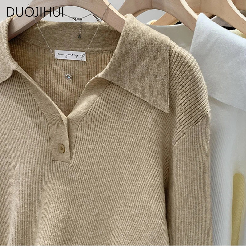 DUOJIHUI-Pulôveres básicos de manga comprida em polo feminino, pulôveres de malha chique feminino, moda casual e monocromática, novo, outono