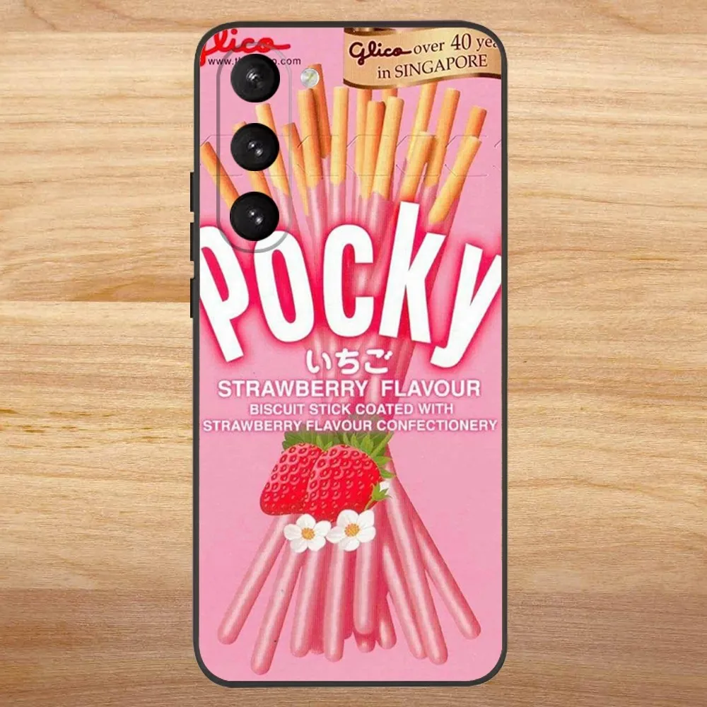 Pocky Strawberry Chocolate Phone Case For Samsung S23,23,22,30,21,10,9,Note20 Ultra,Lite,Ultra,5G,Plus,FE,Black Soft Case