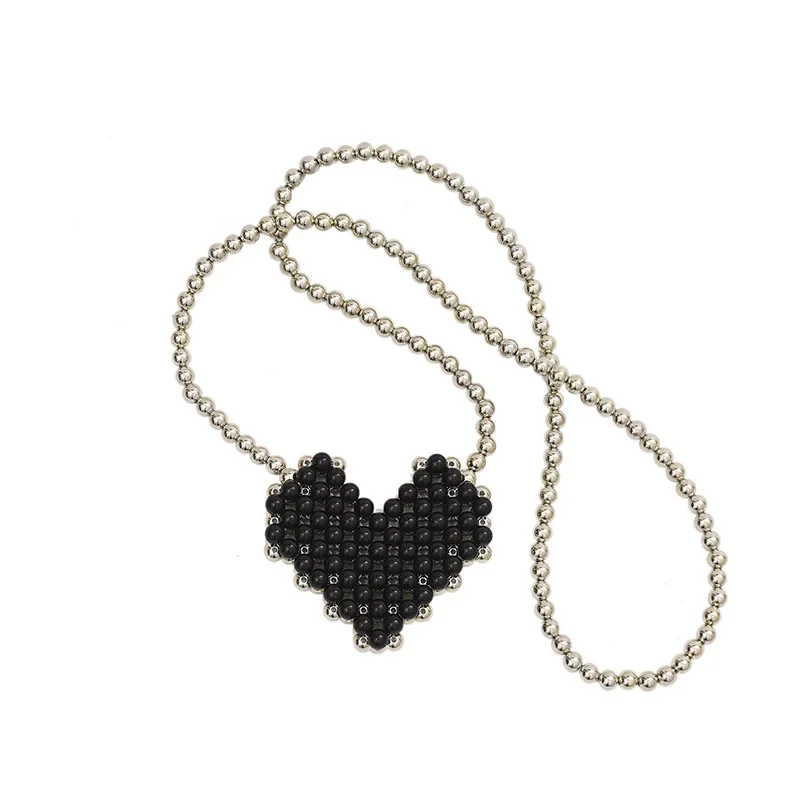 Handwoven Pearl Summer Silver Black Splice Beaded Chain Crossbody Bag for Woman New Fashion INS Love Design Mini Lipstick Wallet