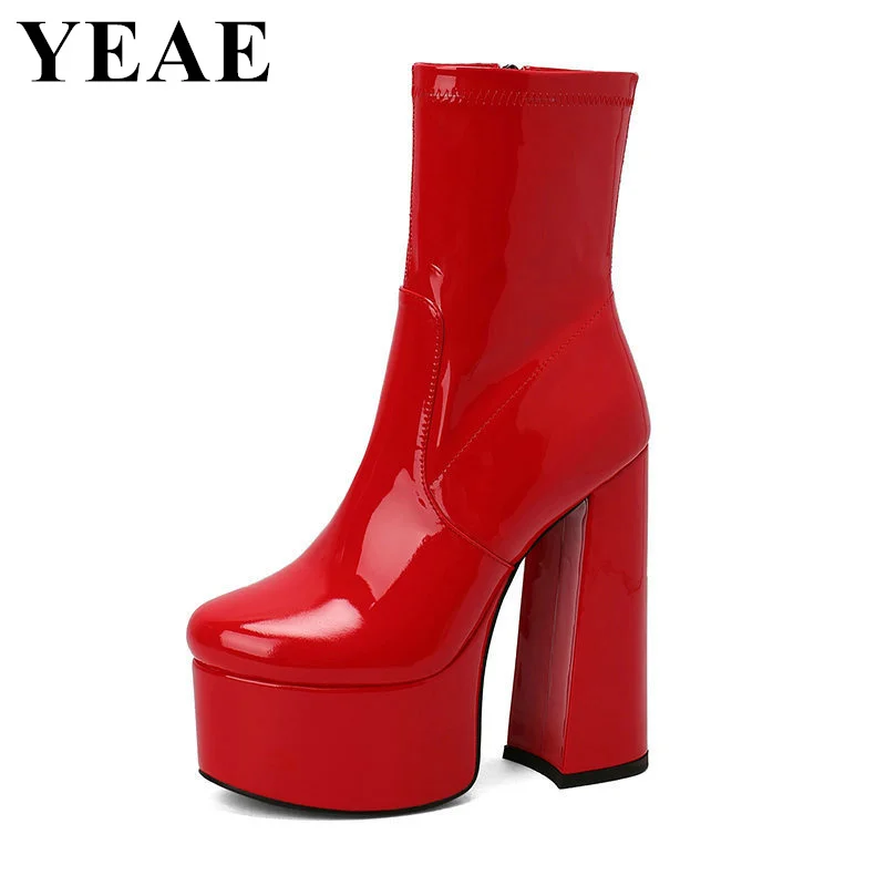 Women Red Patent Leather Chunky Short Boots Platform Thick Sole Ankle Boots Sexy High Heels Side Zipper Party Shoes Woman 2024