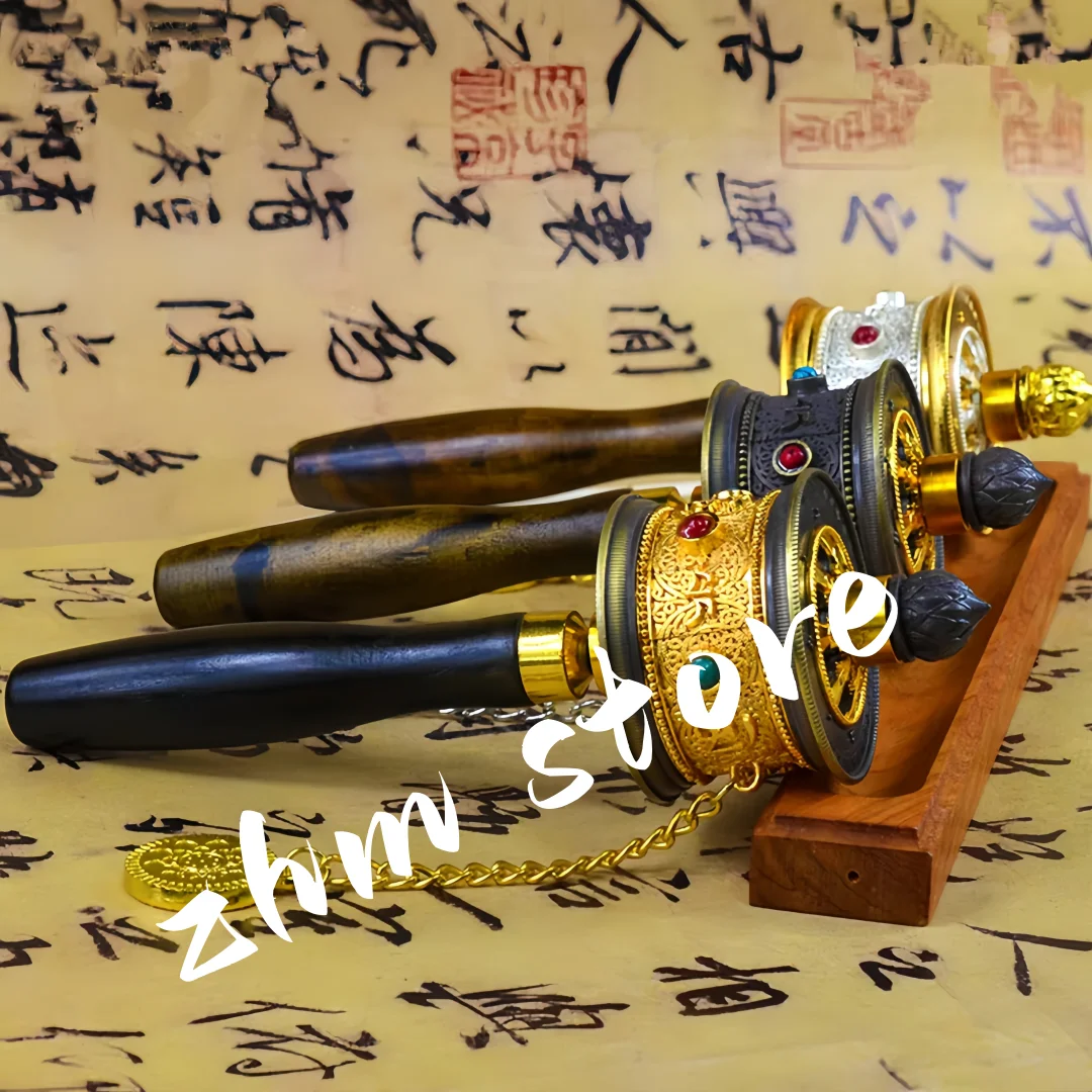 

Exquisite Tibetan Supplies Nepal Alloy Metal Six Words Scriptures Carving Hand Cranking Swept Bad Things Buddhist Prayer Wheel
