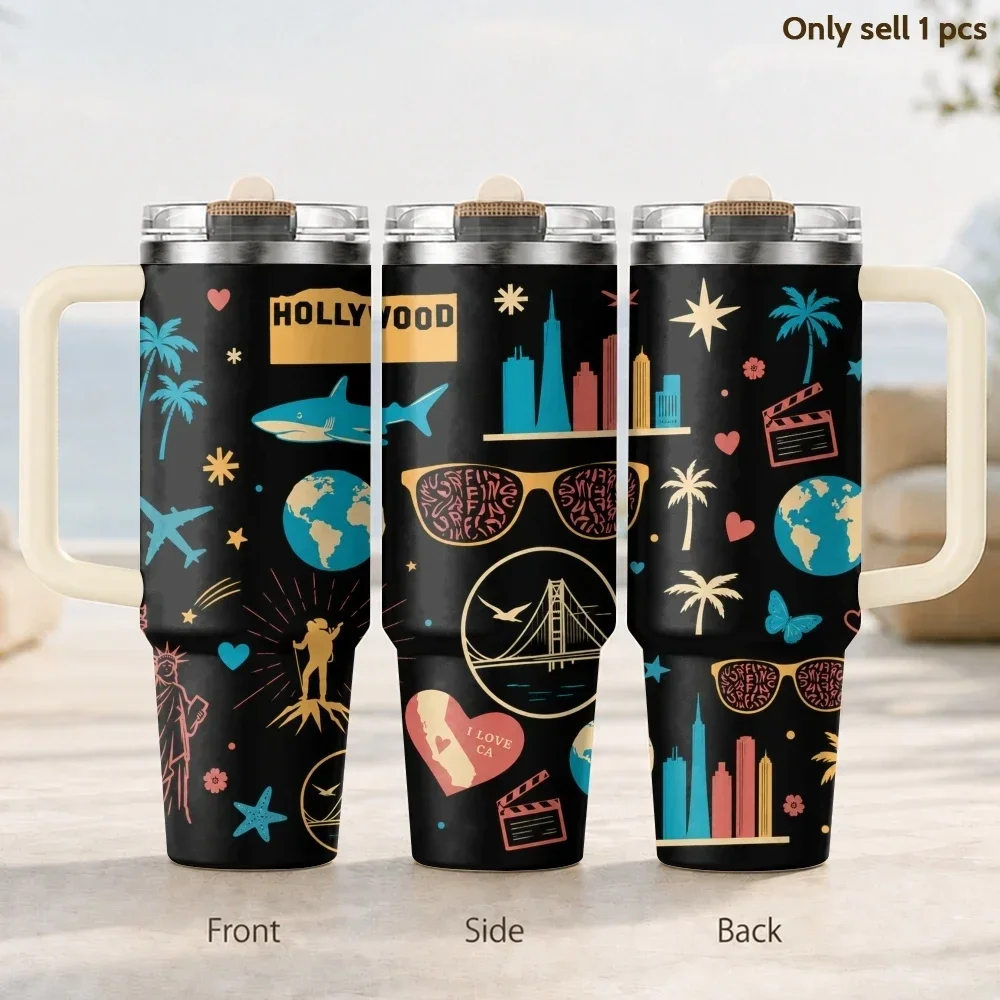 Hollywood California Travel Collage Vacuum Flasks 40oz 3rd Gen Vacuum Insulated Stainless Steel Tumbler Cup Handle Straw Lid
