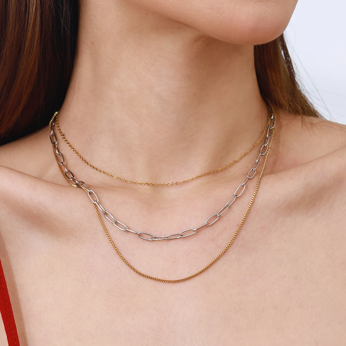 Uworld Minimalist Classic Flat Grinding Chain Multi layer Three layer Necklace Stackable Chain Stainless Steel Two Tone Necklace