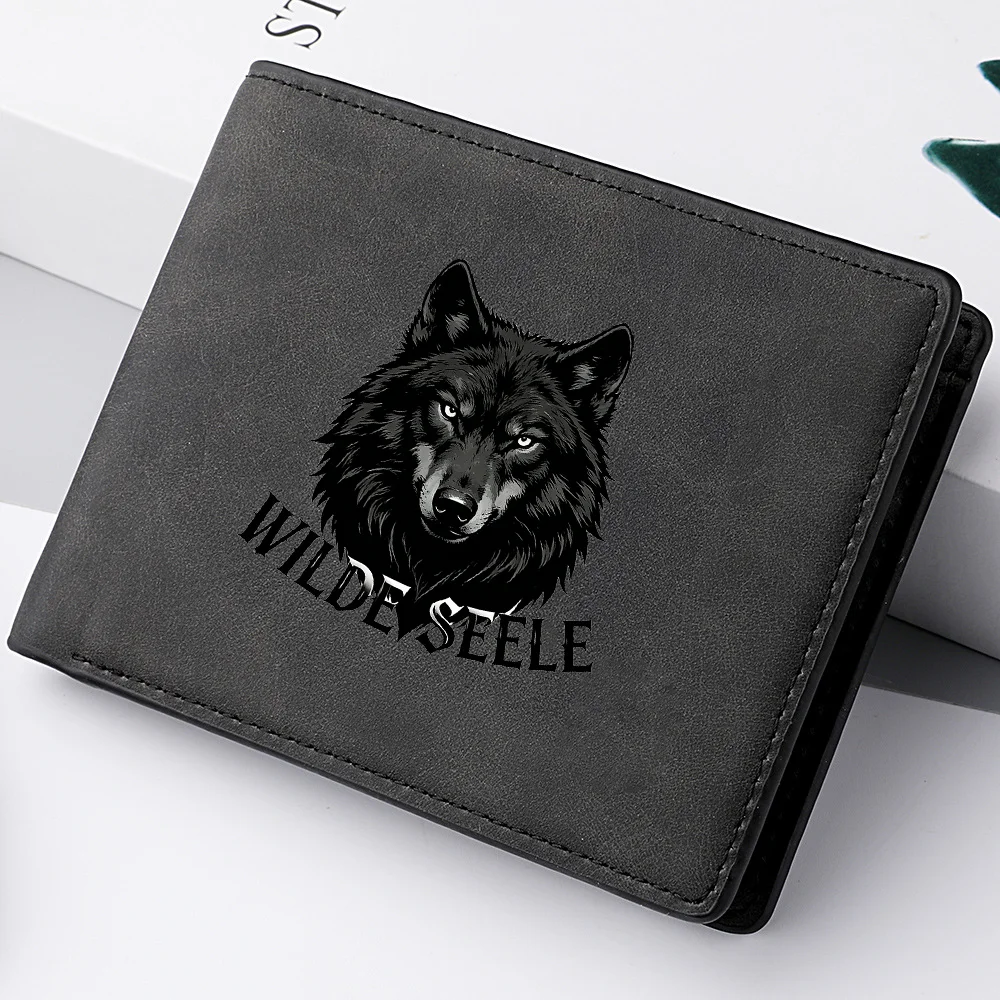 Wolf Head Print Slim Mini Men's Wallet Vintage Suede PU Leather Bifold Credit Card Holder Portable Pocket Purse