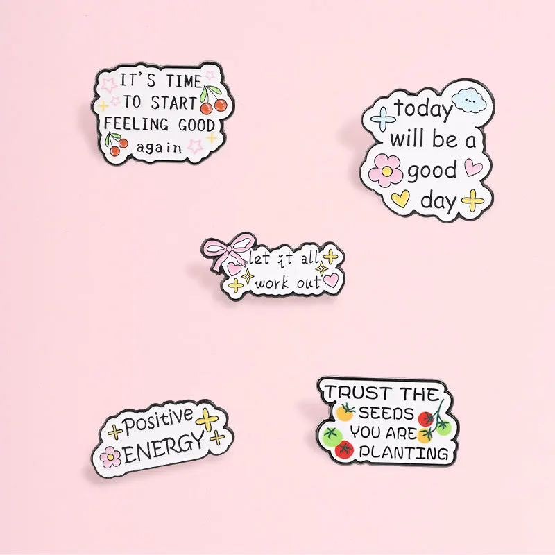 Healing English Inspirational Cloud Brooch Fresh Flower Cherry Metal Badge Casual Commute Gift Pin DIY Clothing Bags Hat T-shirt