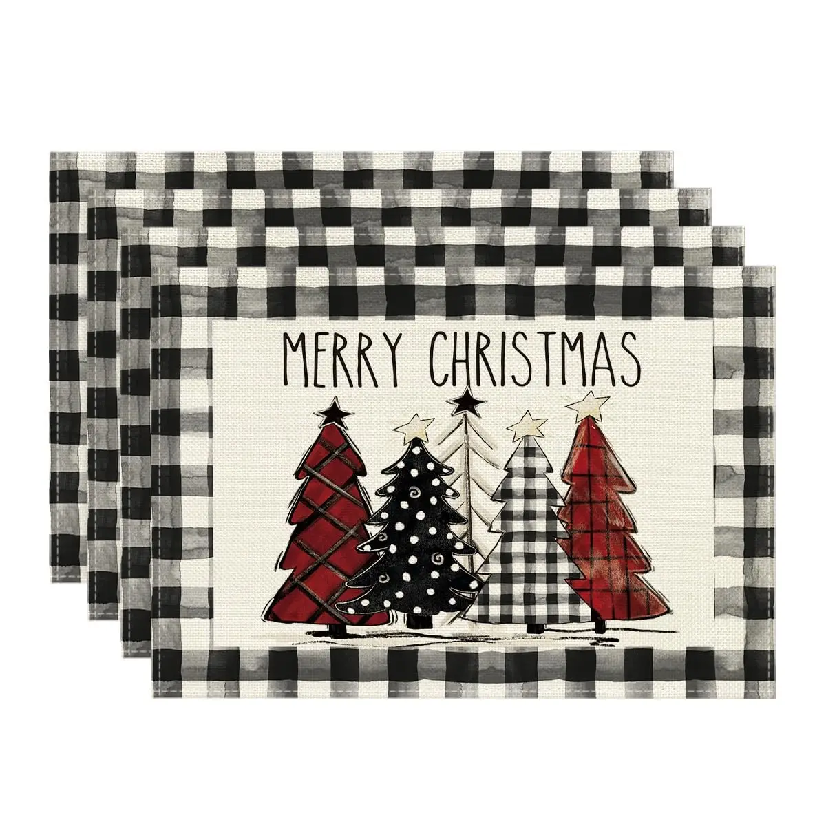 

Waterclor Buffalo Plaid Christmas Trees Placemats Set of 4, 12x18 Inch Winter Table Mats for Outdoor Home Party Dining Decor