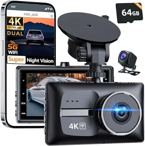 

4K видеорегистратор с двумя камерами (передняя и задняя), Wi-Fi 5G, 3,0-дюймовым экраном, ночным видением UHD, углом обзора 170° ° Широкоугольный объектив, карта памяти 64 ГБ в комплекте