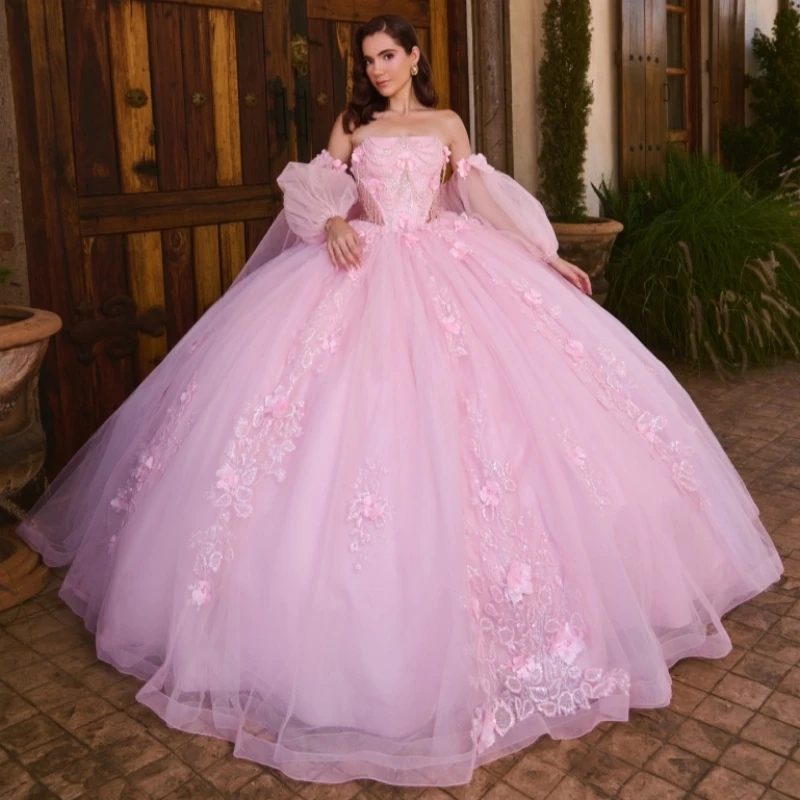 

Pink Ball Gown Quinceanera Dresses Off The Shoulder Sequin Applique Flower Beads Bow Tull Party Birthday Sweet 16 Dress Vestidos