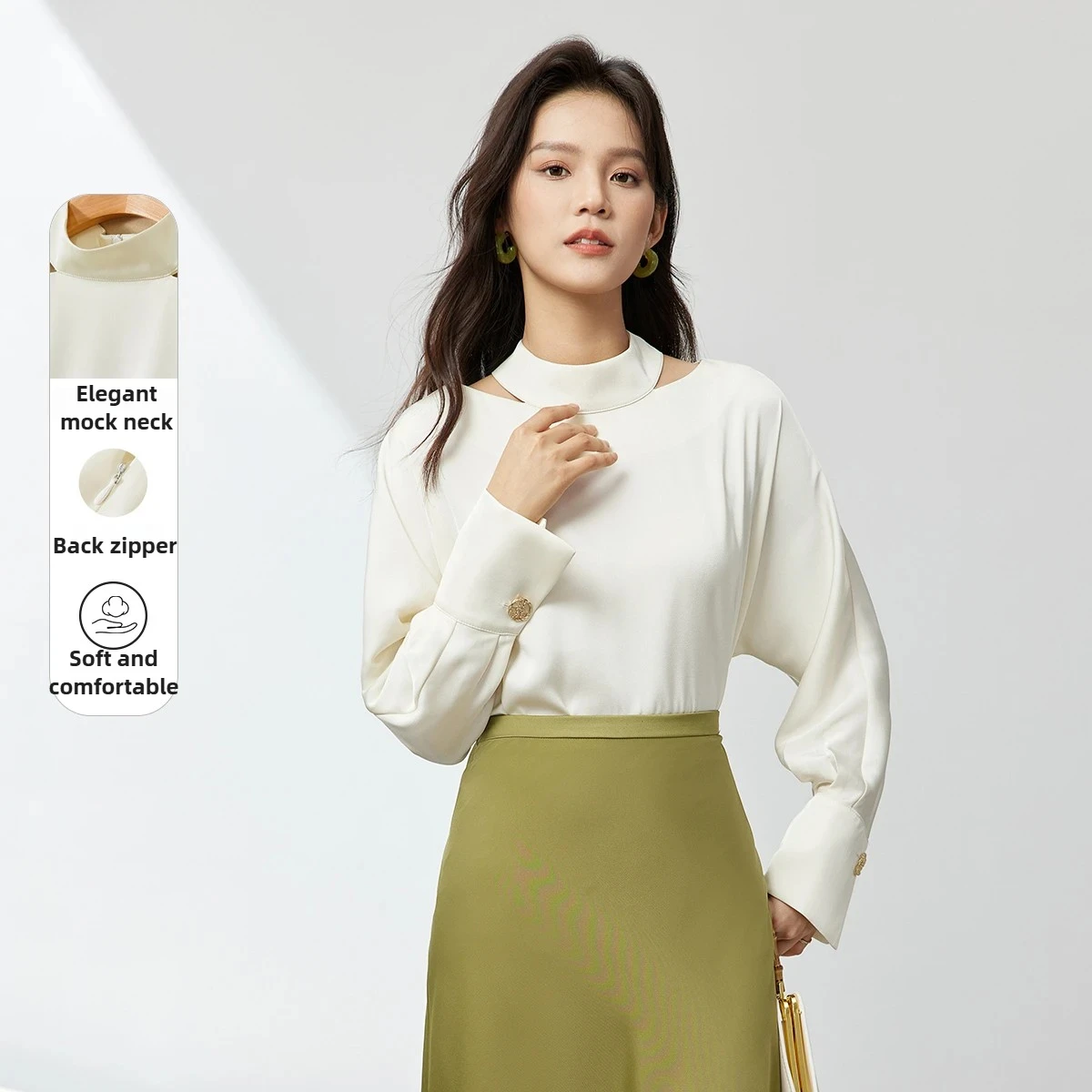 SENTUBILA Women's Temperament Chiffon Shirt 2025 Autumn Commuter Neck Hollow Design Blouse Solid Semi-turtleneck Tops 141V54187X