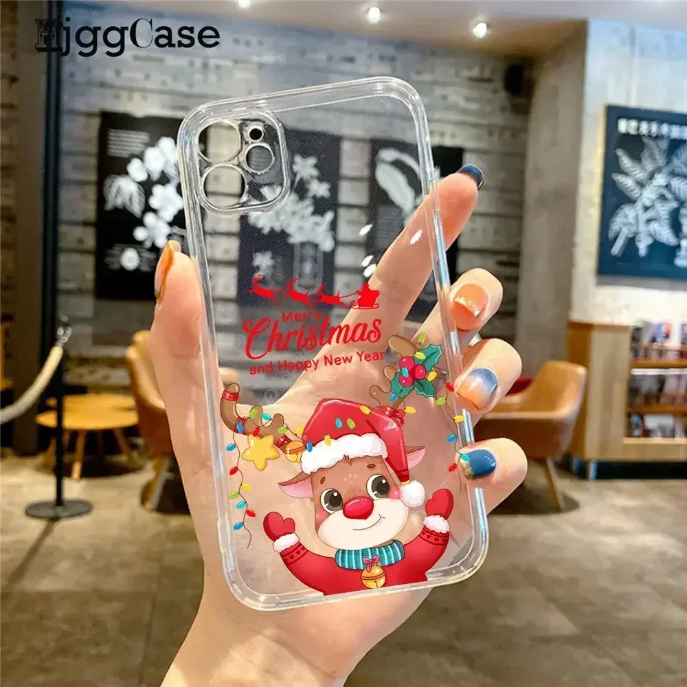 Cartoon Santa Reindeer Tree Phone Case For iPhone 15 13 12 11 14 Pro Max XR XS X 7 8 Plus Mini Merry Christmas clear back Cover