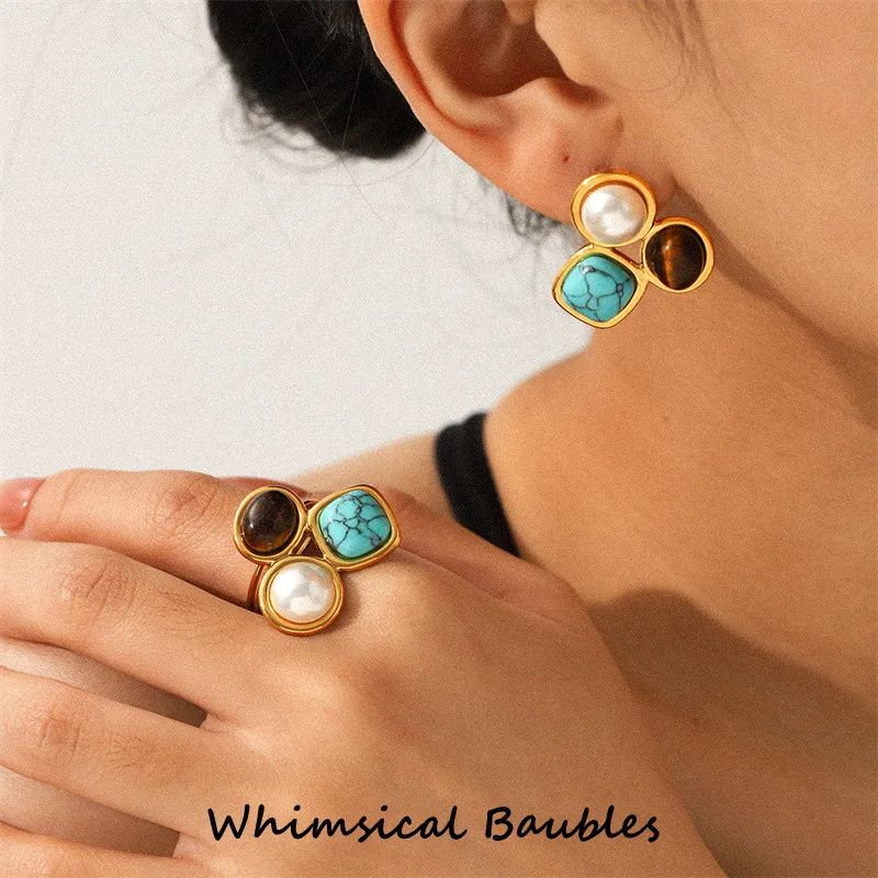 

Unique Design Gold Plated Stainless Steel Earrings for Women Turquoise Tiger's Eye Stone Rings Stud Earrings Jewelry