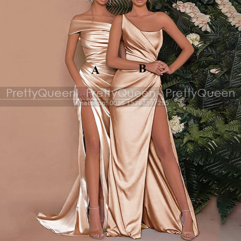 

Champagne Gold Sheath Bridesmaid Dresses Customized Pleat Mermaid High Split Long Off Shoulder Wedding Party Dress Maid Of Honor