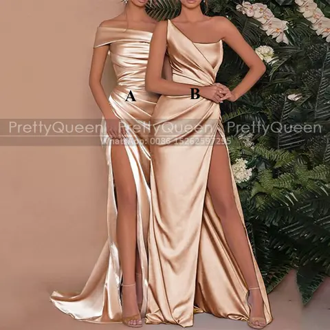 Champagne Gold Sheath Bridesmaid Dresses Customized Pleat Mermaid High Split Long Off Shoulder Wedding Party Dress Maid Of Honor