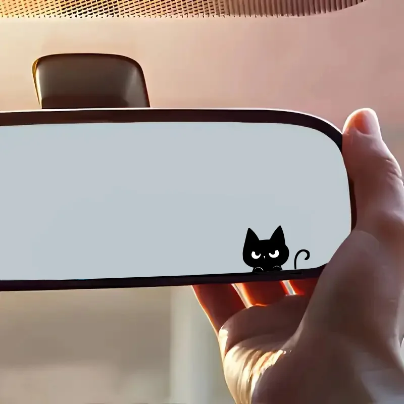 4 PÇS/SET Adesivo de espelho retrovisor de gato mal-humorado preto, ideal para carros, laptops, garrafas de água, skates e itens para amantes de gatos
