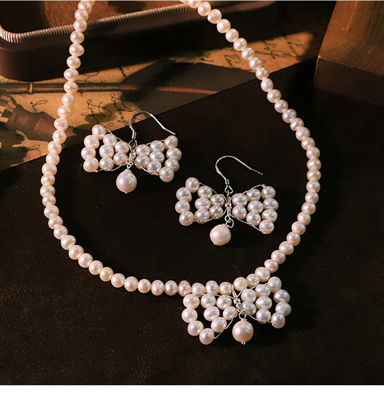 

Original Natural Pearl Bow Pendant Necklace Earrings Set for Women Fashion Choker Charm Neck Chain Collar Jewelry Accessories