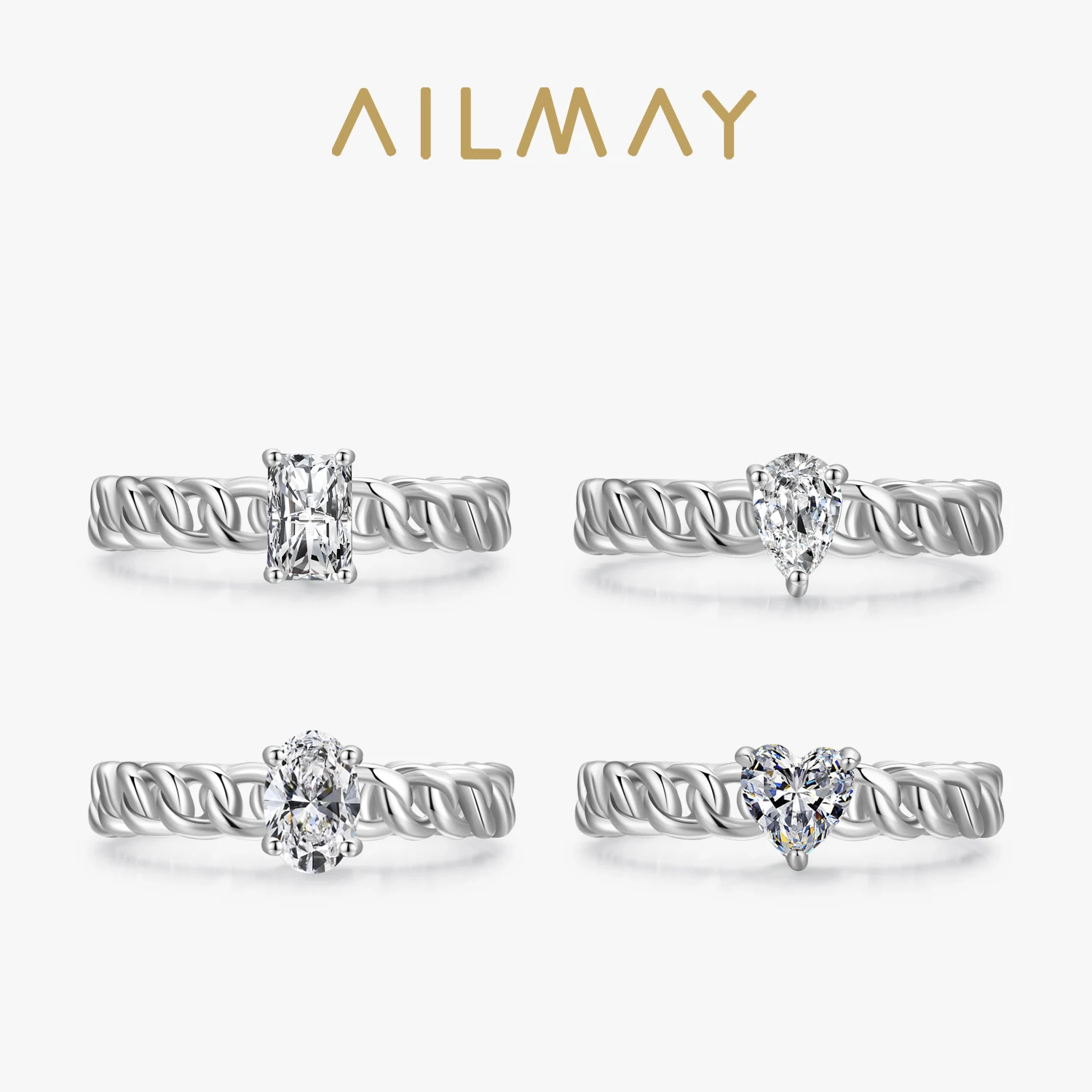 Ailmay Real 925 Sterling Silver Abstract Braided Texture Fashion Geometry Sparkle CZ Rings For Women Romantic Wedding Jewelry