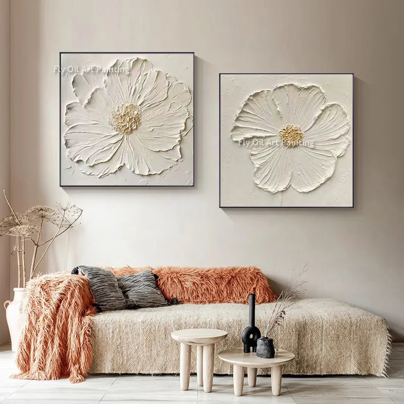 Large White Flower Kinfe Thick Oil Painting Hand Painted Set Of Two Florals Canvas Artwork For Home Wall Decor As Gifts For Love