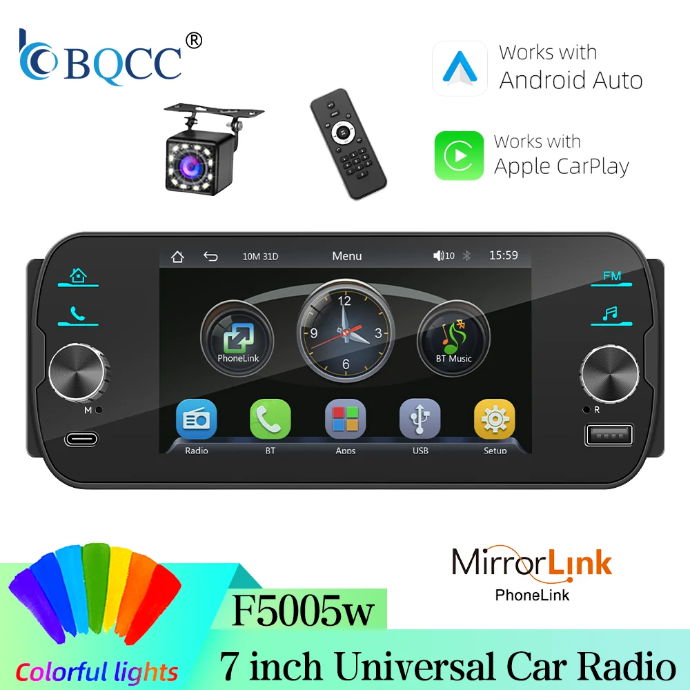 BQCC 1Din 5'' Universal Car Player with Wireless CarPlay Android Auto Wiring Protection 7Color Lights Multimedia Stereo Radio