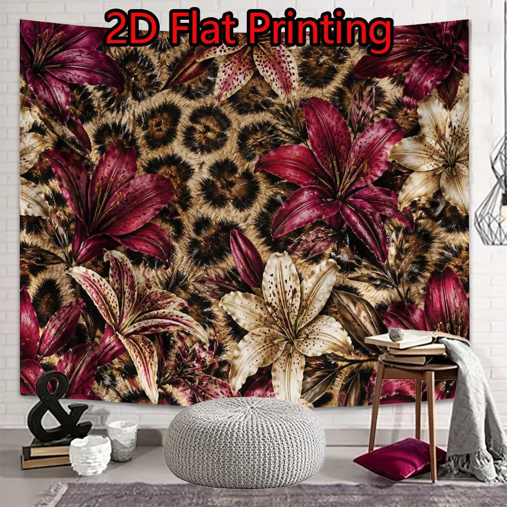 Floral Leopard Tapestry, Wild Leopard Texture Burgundy Lily Blossom Bohemian Flower Pattern Wall Tapestry for Indoor Home Decor