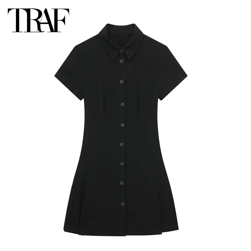 TRAF Short Black Dresses 2024 Women\'s Summer Elegant Party Mini Shirt Dress Ladies Fashion Casual Short Sleeve Short Dresses