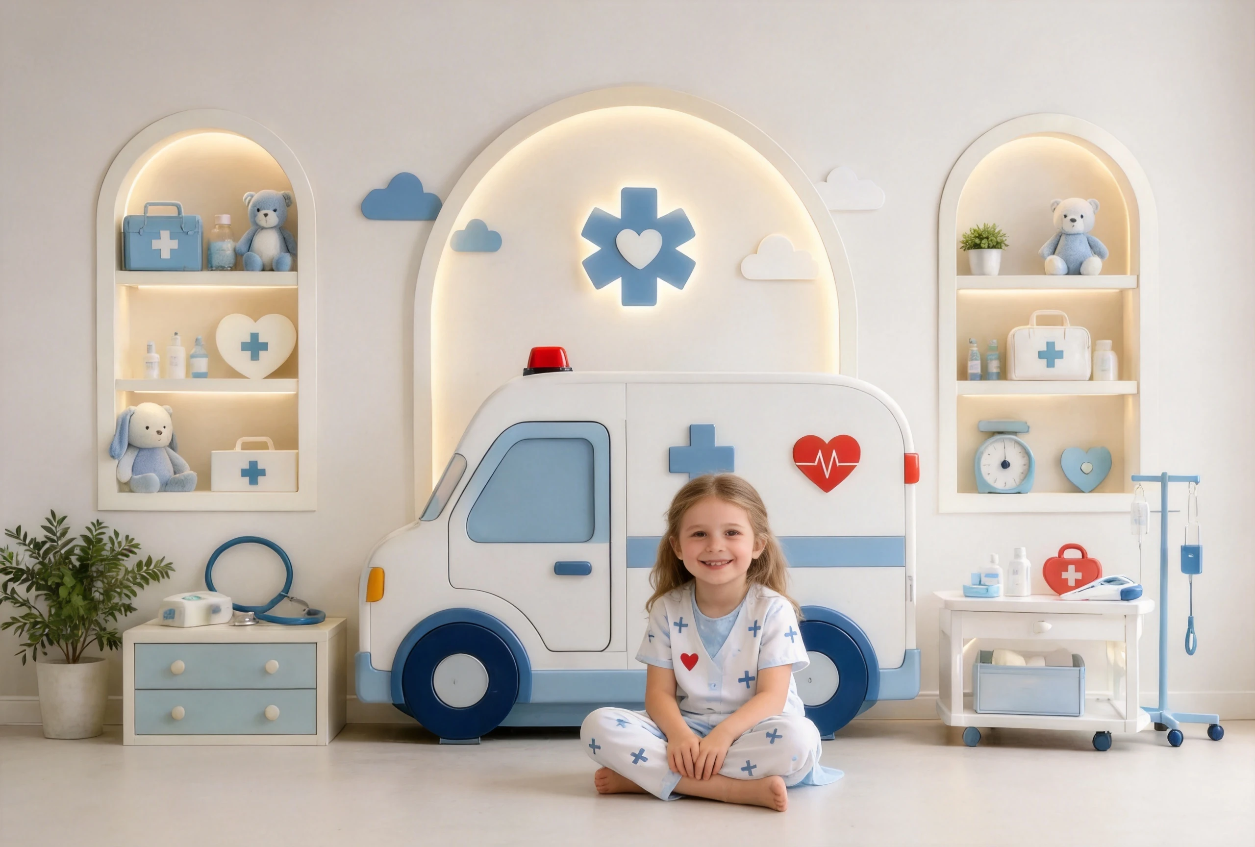 Soft Light Blue Children Medical Ambulance Nursery Photo Backdrop Cute Bear Decor For Newborn Baby Kids Portrait Studio Shoots