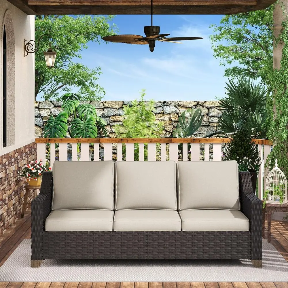 

All-Weather 77 Rattan 3-Seater Sofa with Cushions for Patio, Garden, or Porch (Brown/Beige)