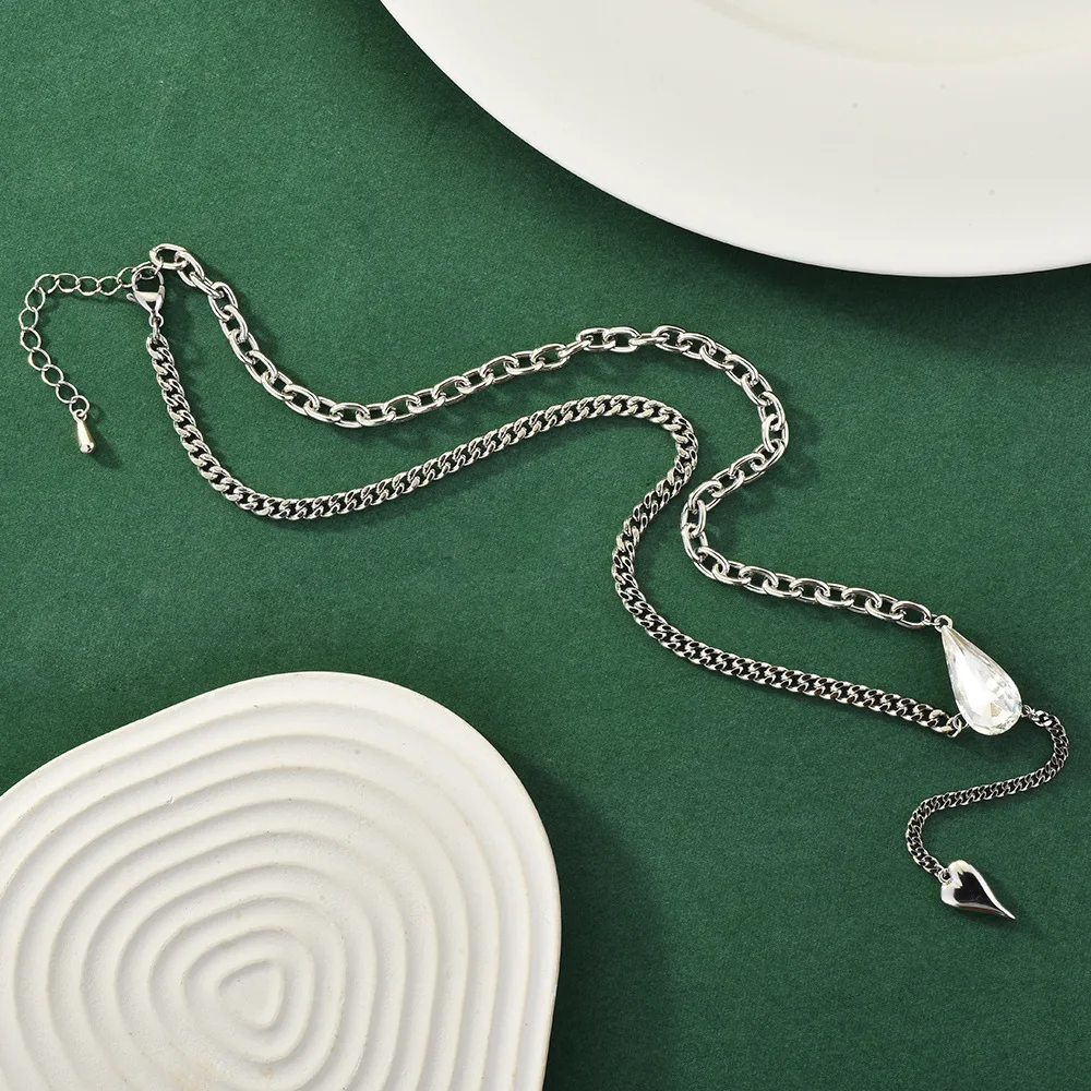 

Teardrop crystal necklace, women's fashionable tassel collarbone chain, chain splicing, fashionable clothing sweater chain