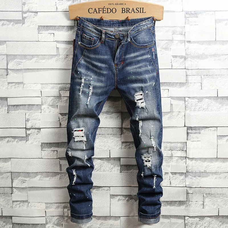 Men's Slim Fit Jeans Elastic Casual High Street Style Ripped Patchwork Pants Fashionable Tight Menswear Spring New Arrival