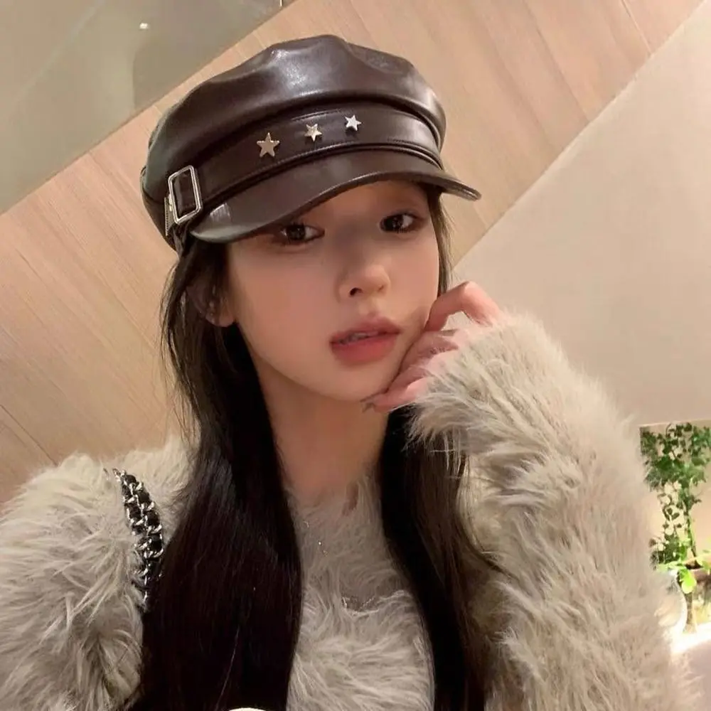 

Retro Star Pu Leather Beret Korean Style Newsboy Cap Octagonal Hat Captain Cap Flat Top Painter Hat Winter