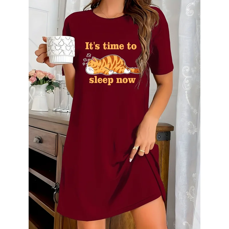 Cute Kitten Print Round-Neck Dress, Summer/Autumn Casual Short-Sleeved Nightgown, Women's Comfortable Home Wear
