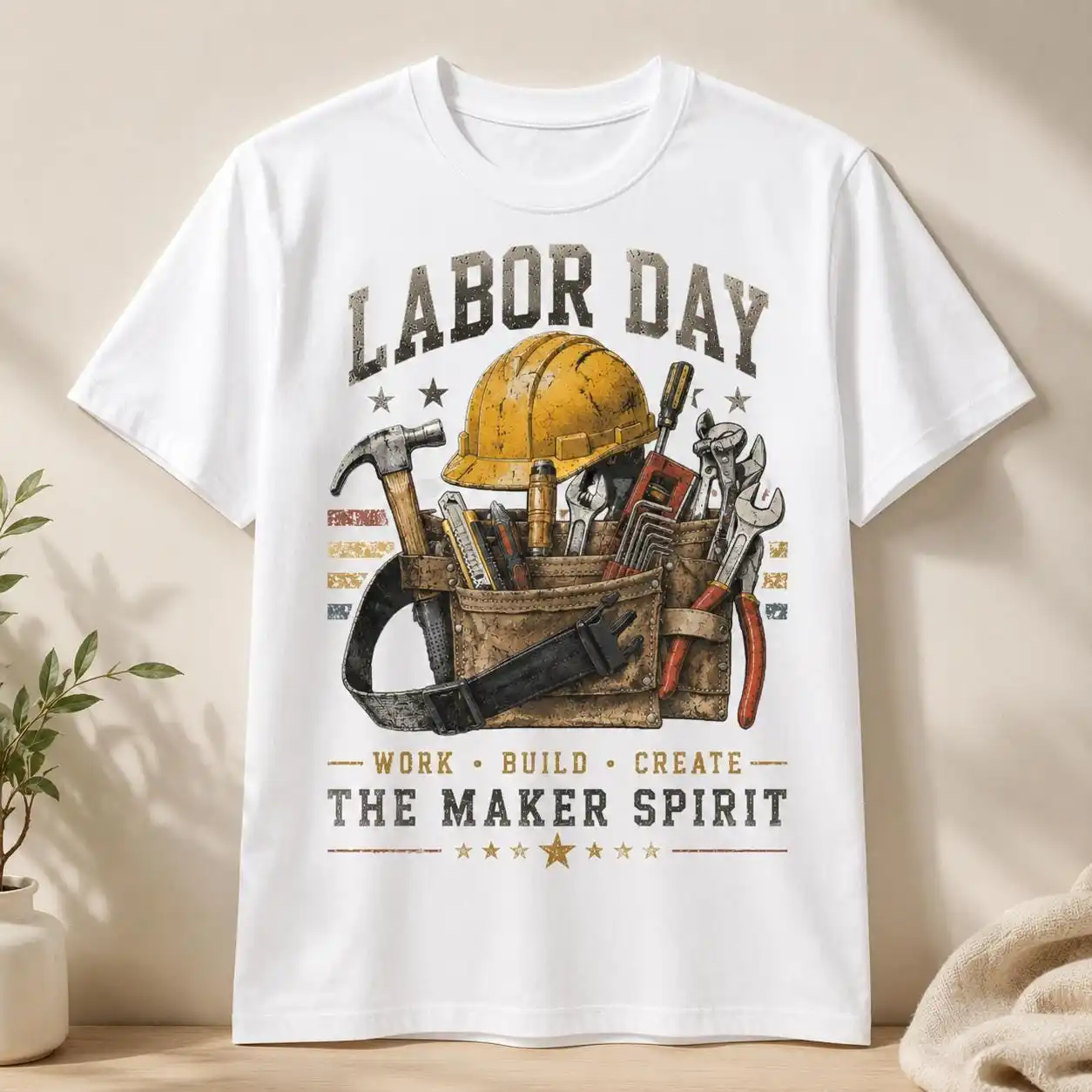 Labor Day The Maker Spirit Vintage Washed T-Shirt, Retro Tool Belt Hard Hat Graphic Tee
