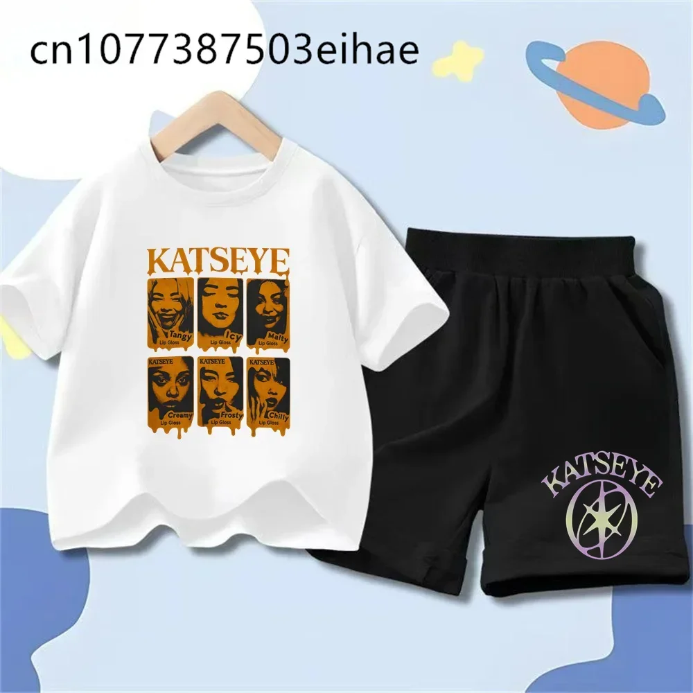 Katseye Funny Cartoon Print Two Piece Outfit Kids Boys Girls Short Sleeve Tee Shorts Set Summer Daily Casual Athletic Sport
