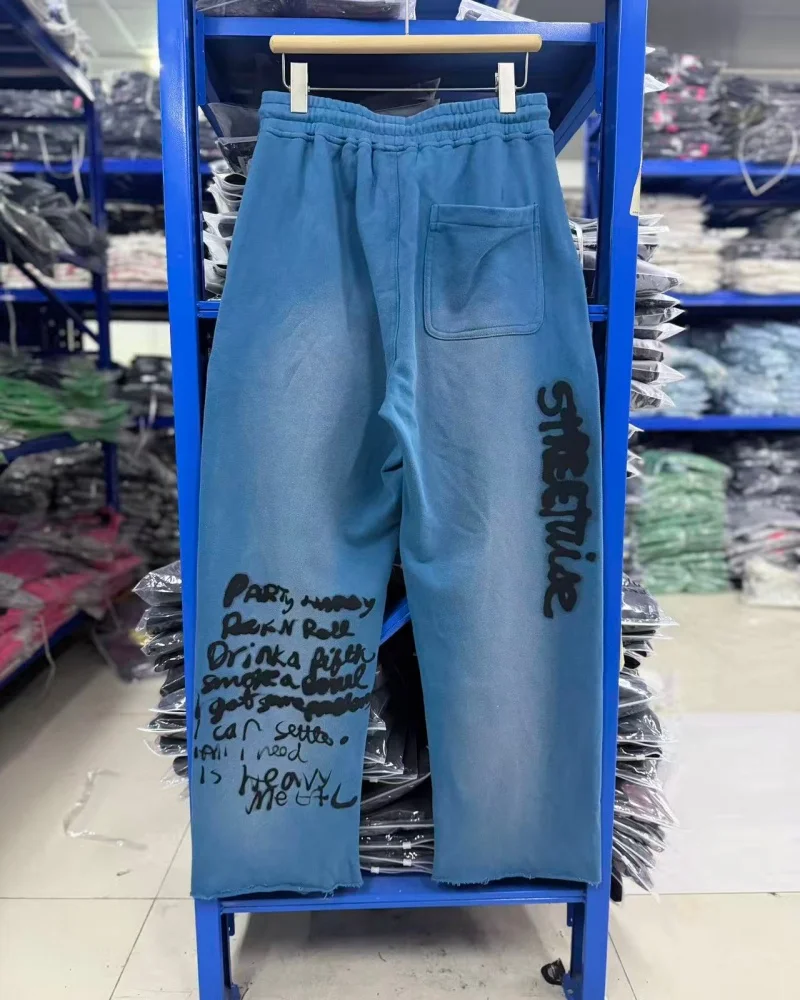 Washed Blue Paly French Terry Heavyweight Vintage Casual Streetwear Printed Knit Men's Women's Sweatpants