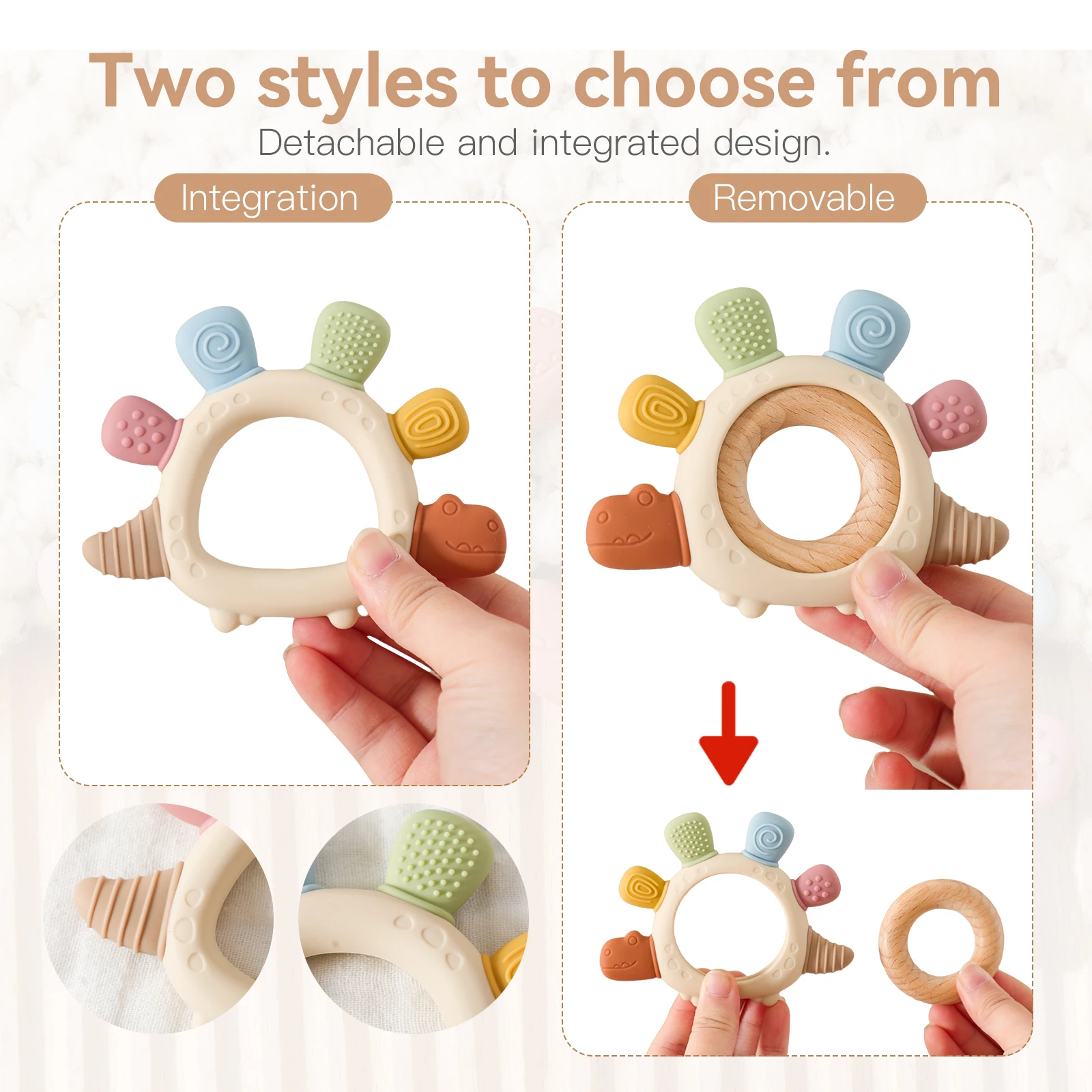 Brinquedos de mordedor de silicone para bebês, perfeitos para brinquedos de dentição de 0-3-6 meses e presentes de banho, sem BPA, design ergonômico de madeira de dinossauro.