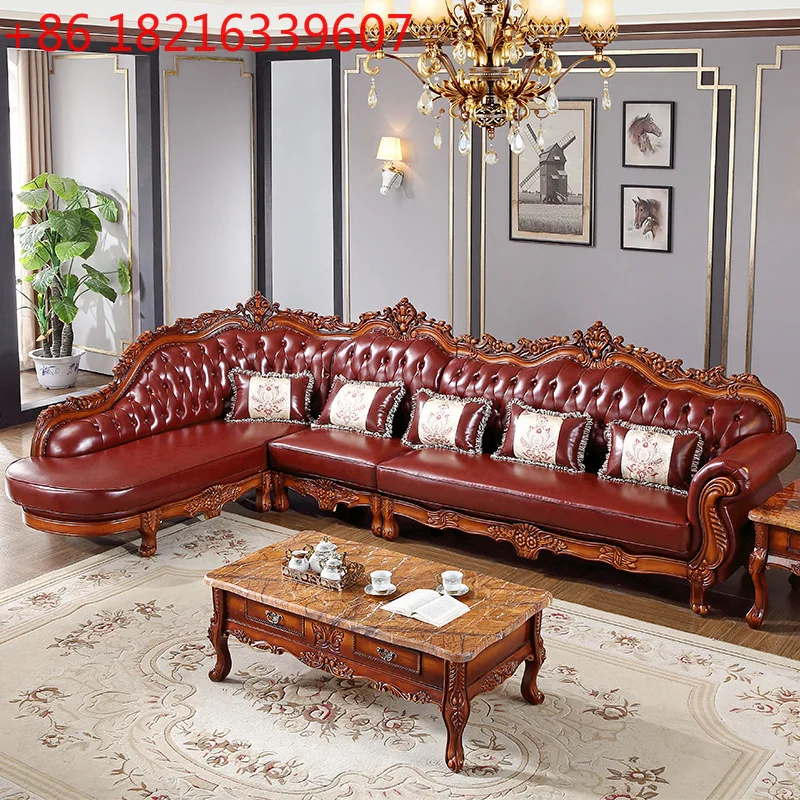 

European solid wood carving flower leather corner sofa American carved cowhide French luxury luxury high-end