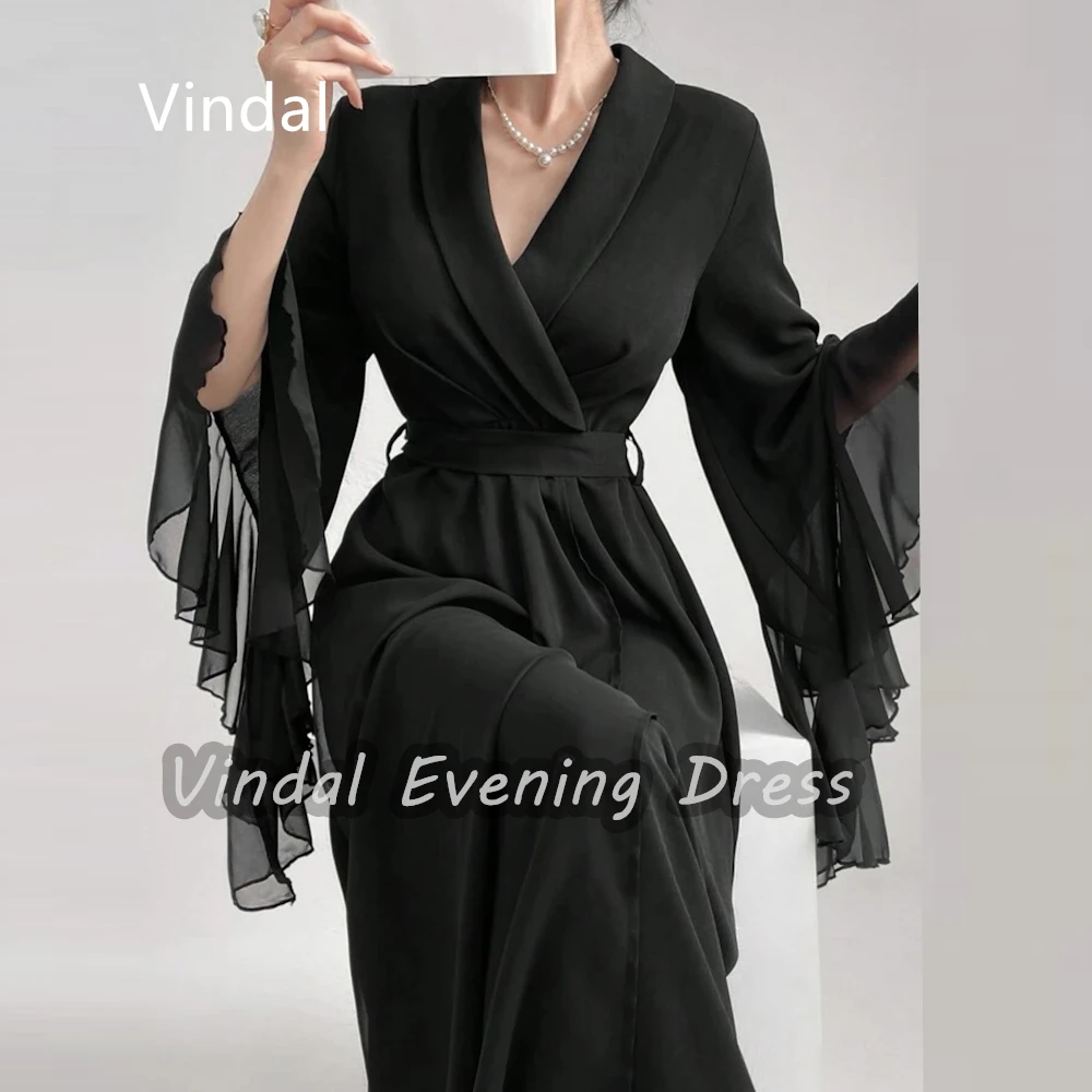 

Vindal Chiffon Tea length Ruffle V-Neck Sexy luxurious Ruffle A-Line Breast Padding Elegant Long Sleeves السعود For Woman 2024