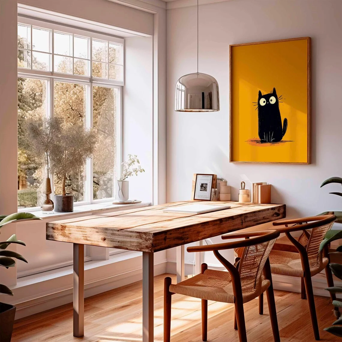 Black Cat Poster, Cute Cat Wall Art Print, Bold Orange Background, Funny Minimalist Cat Illustration, Quirky Animal Decor for Ca image 2
