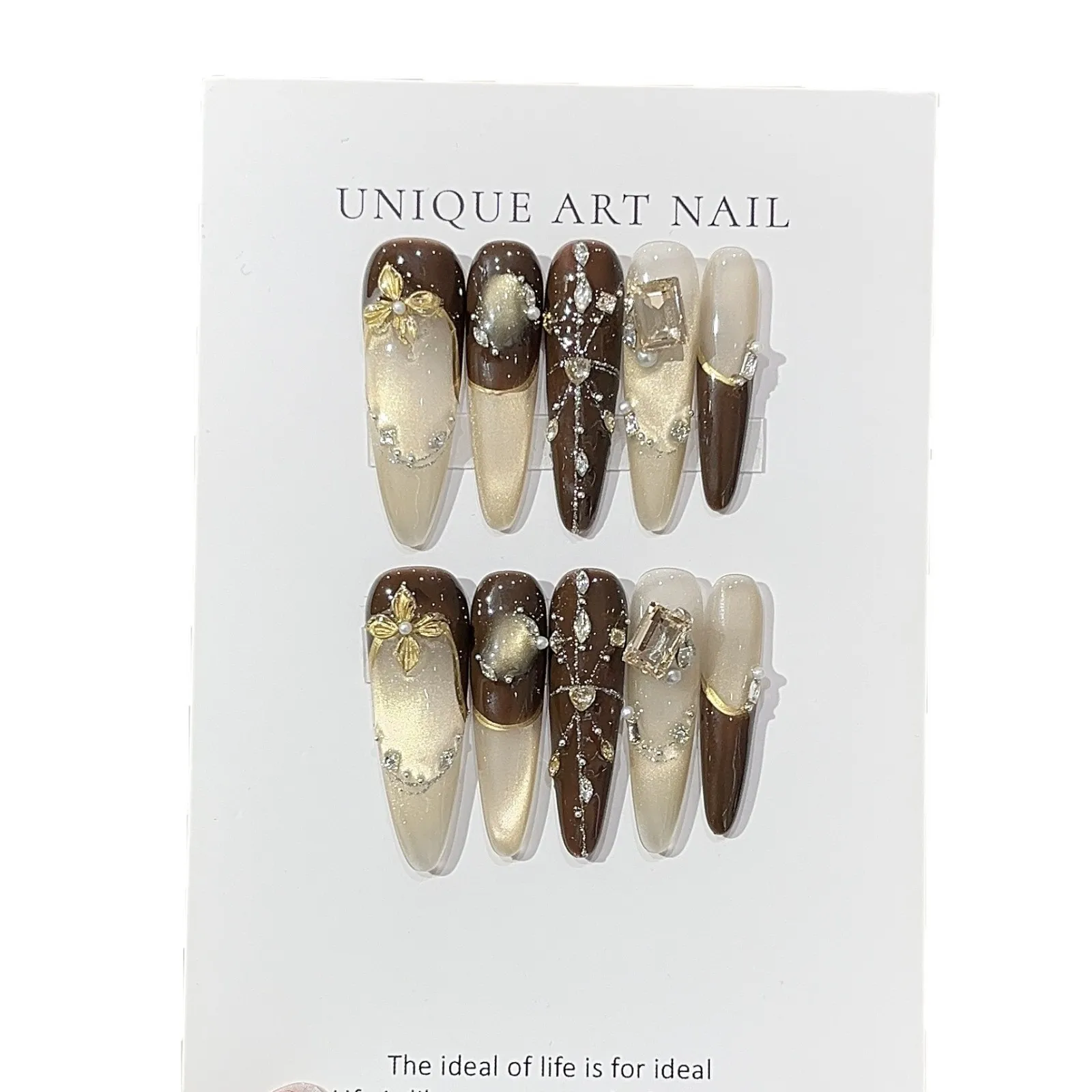 10 قطعة الصحافة اليدوية على الأظافر ضوء عين القط الفرنسية الزركون المكسور الماس يرتدي درع الأظافر كاذبة اضغط على مسمار تلميح الفن #5