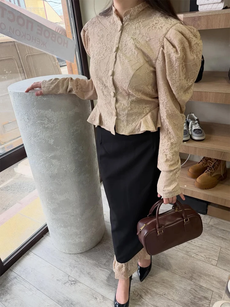 

Solid Lace Victorian Blouse Women Puff Sleeve Stand Collar Buttoned Peplum Hem Tops 2026 Spring Elegant Vintage Party Top