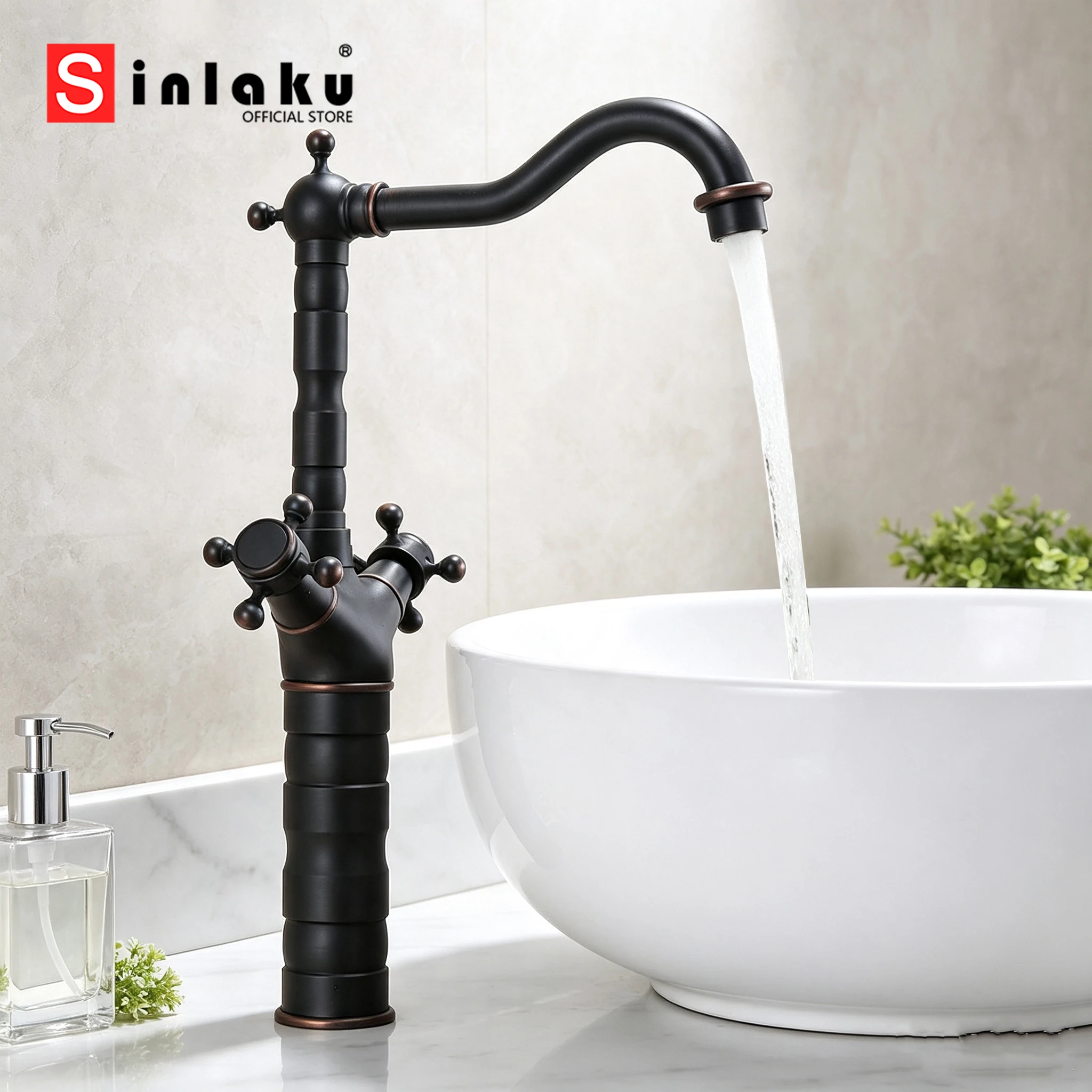 SINLAKU Bathroom Basin Ultra-high Antique Double Handle Faucets 360 Swivel Spout Sink Hot Water Faucet Mixer Tap For Kitchen