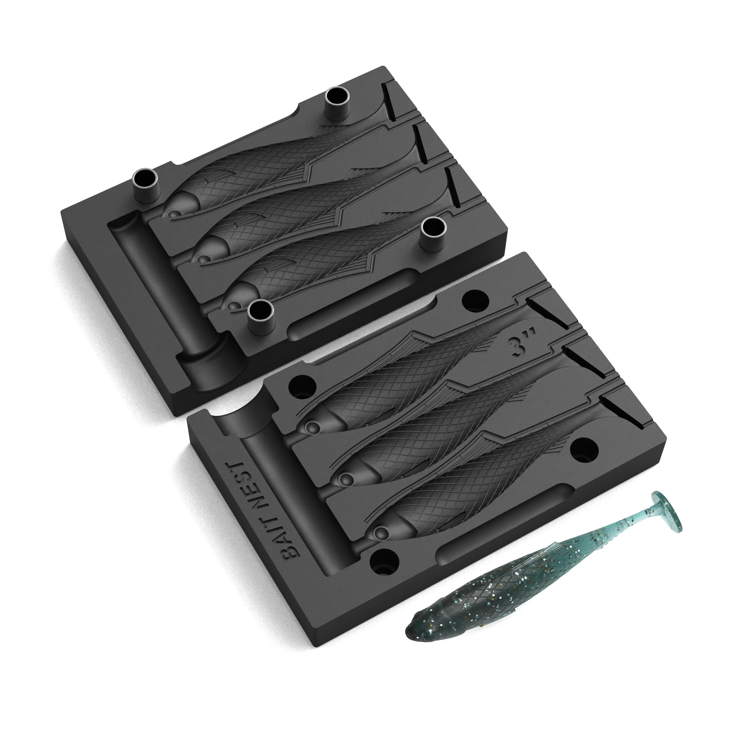 

Soft Plastic Lure Mold | 3-cavity T-Tail Swimbait Injection Mold | OEM/ODM Fishing Lure Making Mold for Bass Fishing