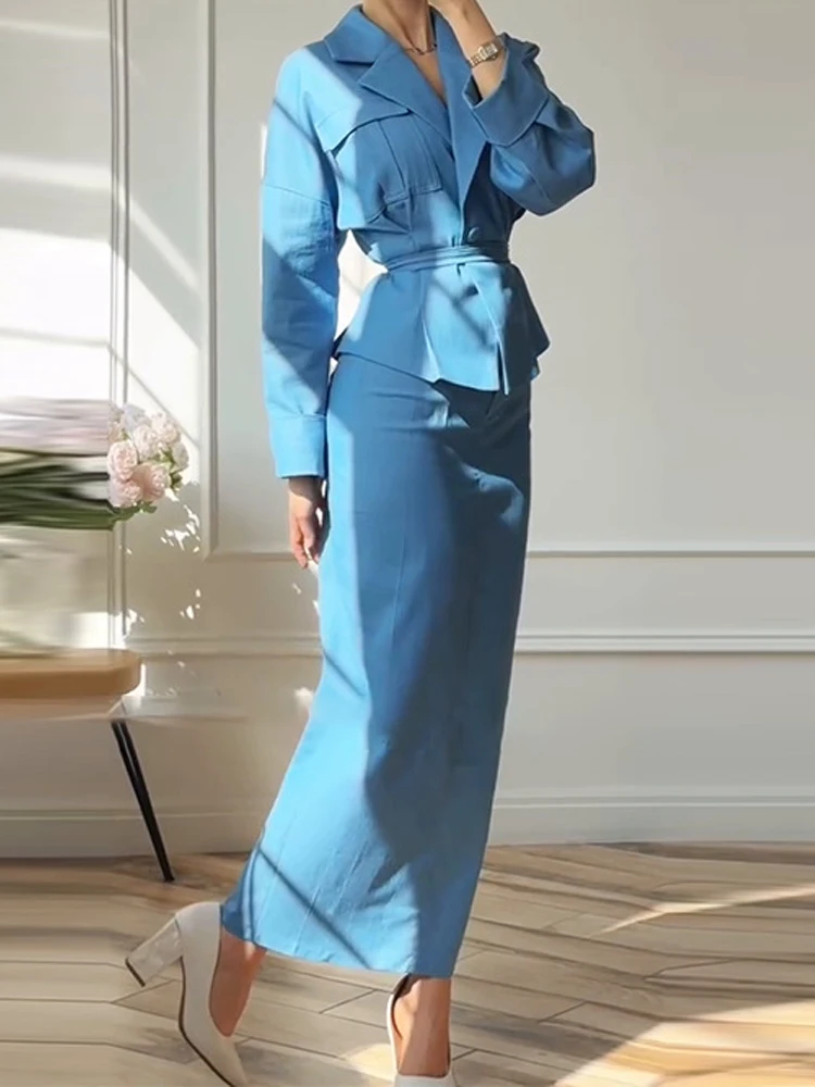 

Elegant Lapel Button Blazer Coats & Skirt Sets Women's Casual Long Sleeve Solid Long Skirt Suits Fashion Commute Lace-Up Outfits