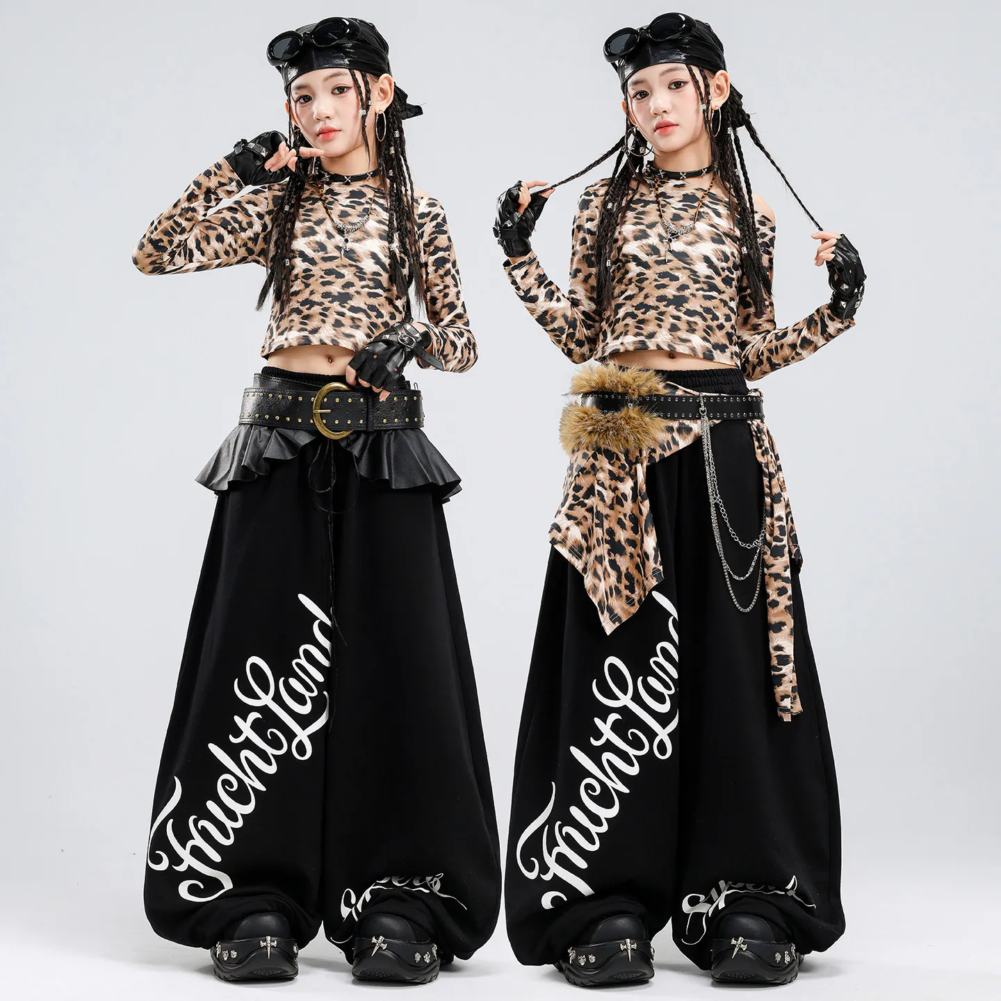 Girls Leopard Print Crop Top Letter Pants Jazz Dance Outfit Kids Hip Hop Streetwear Costume Children Model Runway Performance