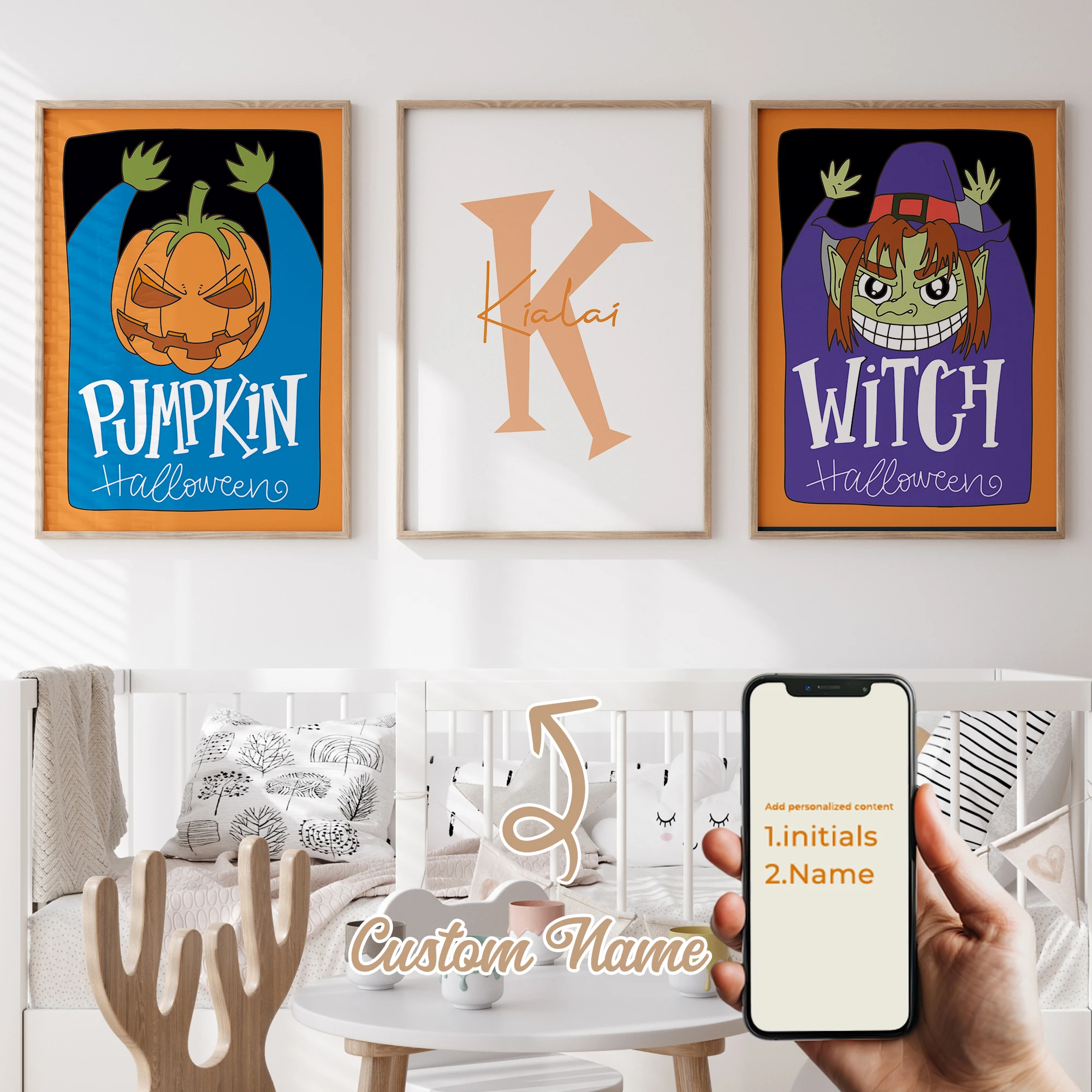 

3Pcs Personalized Custom Name Pumpkin Wall Art Printmaking Canvas Painting Poster Picture For Halloween Living Room Home Decor